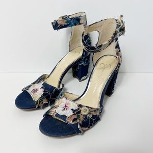 Jessica Simpson Sherron Floral Patchwork Denim Block Heel Sandals Size 6.5